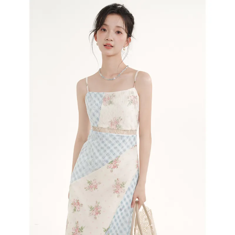 TOUCH MISS Slip Dress Women's Blue And White Plaid Floral-4