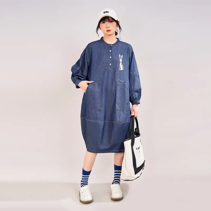MUGUOGUOMU Long Sleeved Dresses Women's Denim Blue-3
