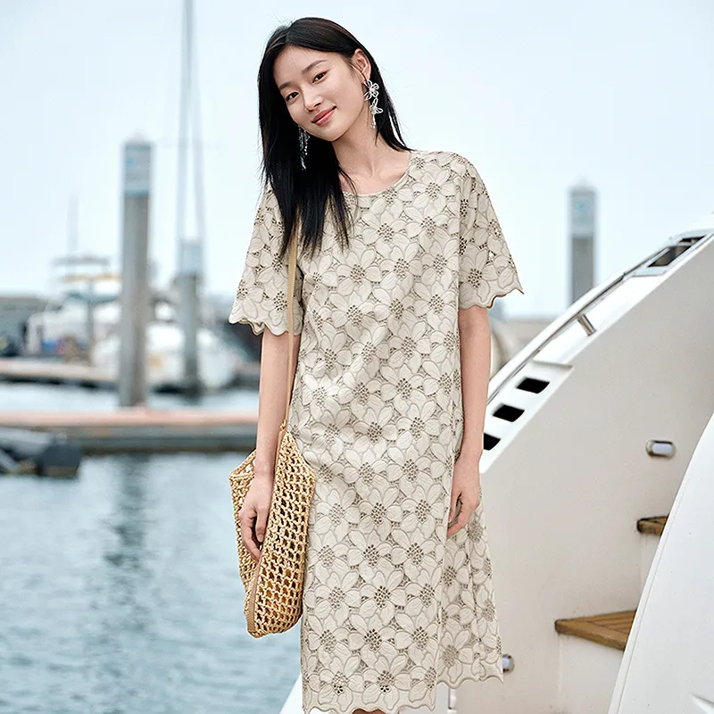 JZ. ANNAKRO Short Sleeved Dress Women's Floral Light Beige-4