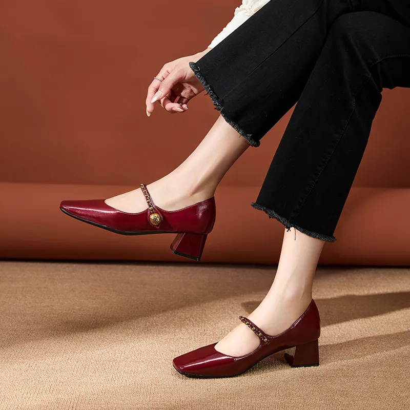 WESTLINK Square Toe Chunky Heel Retro Texture Metal Chain Mary Jane High Heels Unlined Shoes Women's-13