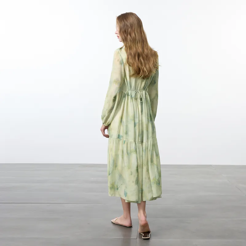3COLOUR Long Sleeved Dress Women's Green Beige Floral-6