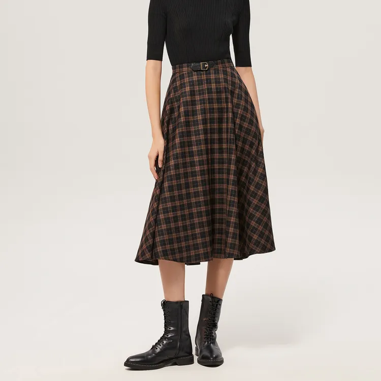 OVV Casual Long Skirts Women's Dark Brown Plaid B1-2