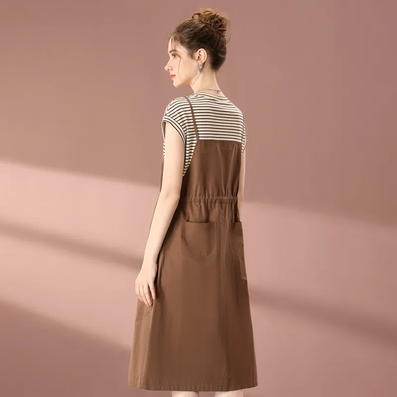 FENHONGMALI 2025 Summer Short Sleeved Dress Cinched Waist Women's Coffee-6