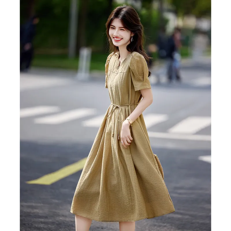 Still Quiet Short Sleeved Dress Women's Khaki Green-1