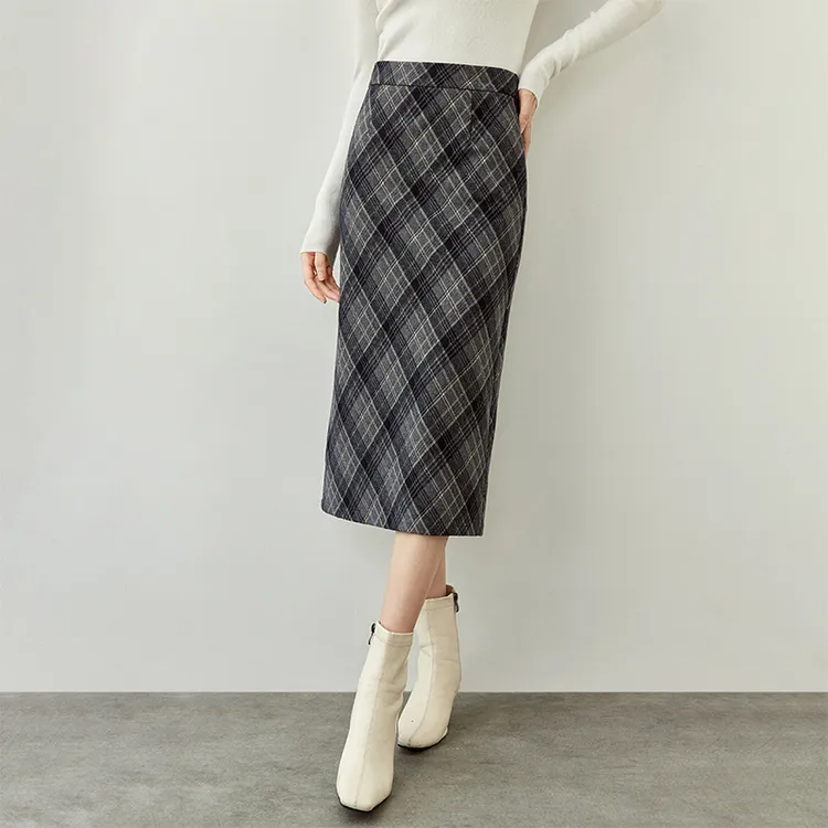 SENTUBILA Casual Long Skirts Women's Navy Blue Plaid-2