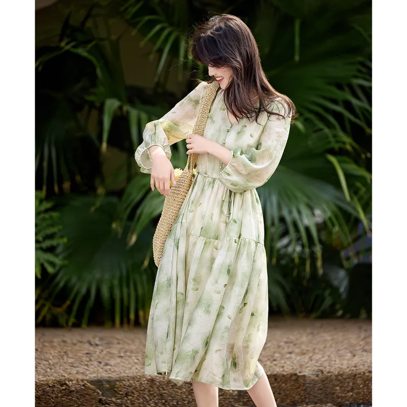 Still Quiet Long Sleeved Dress Women's Green-3