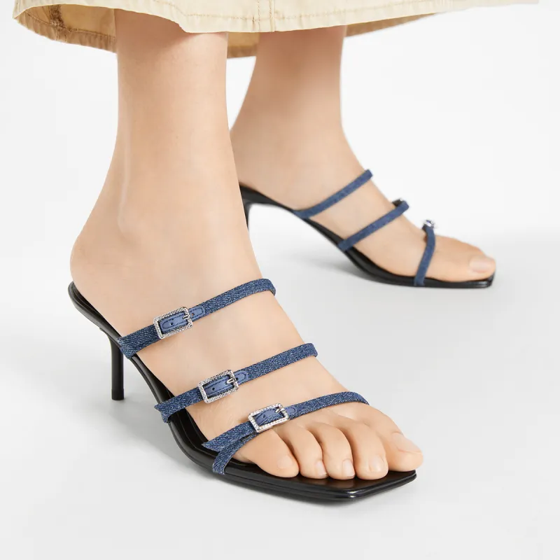 CHARLES&KEITH Composite Sole Slide Slippers 6.5cm Women's Black Patent Black/Silver/Dark Denim Blue-13