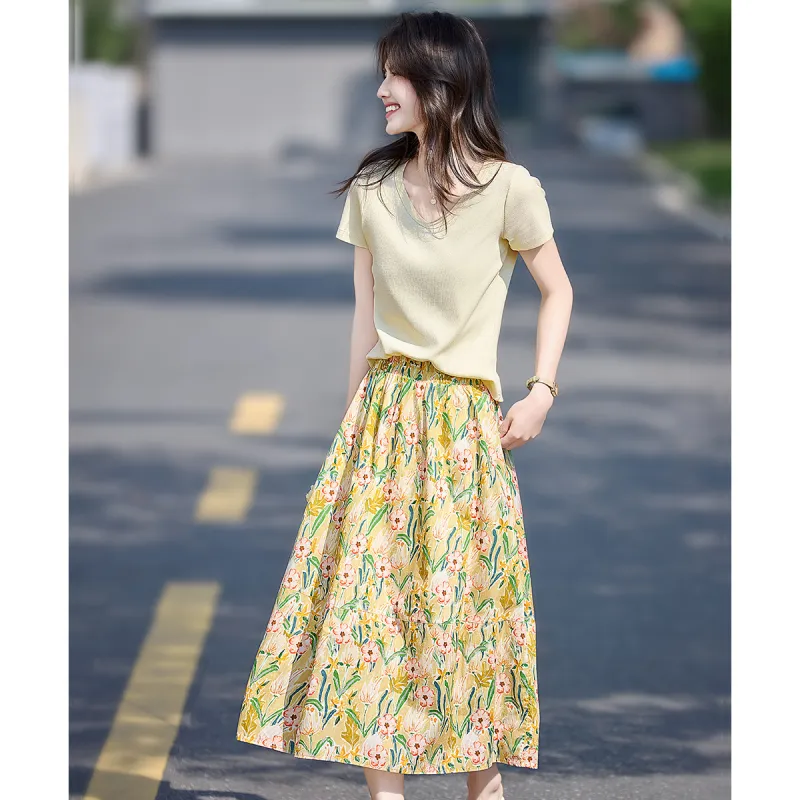 Still quiet Two Piece Skirt Sets Women's Apricot/Multicolor-4
