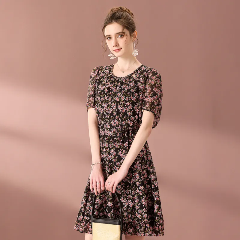 FENHONGMALI Summer Short Sleeved Dress Cinched Waist Women's Black-3