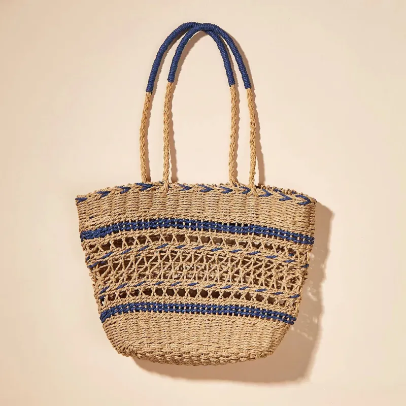 Boniu Straw Shoulder Bag Women's Blue & Camel/Yellow & Camel-1