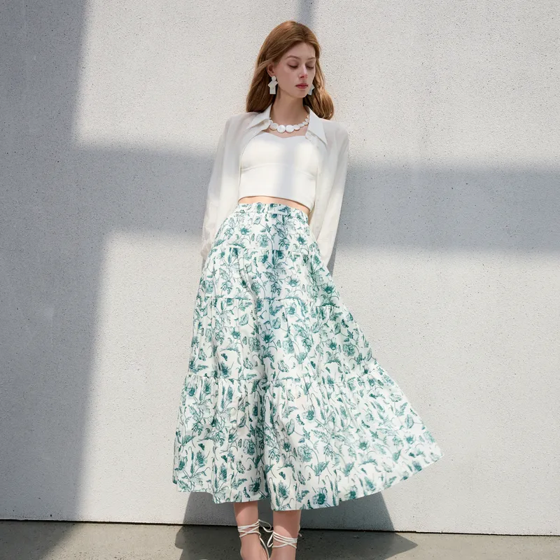 3COLOUR Casual Long Skirt Women's Green Beige Floral-3