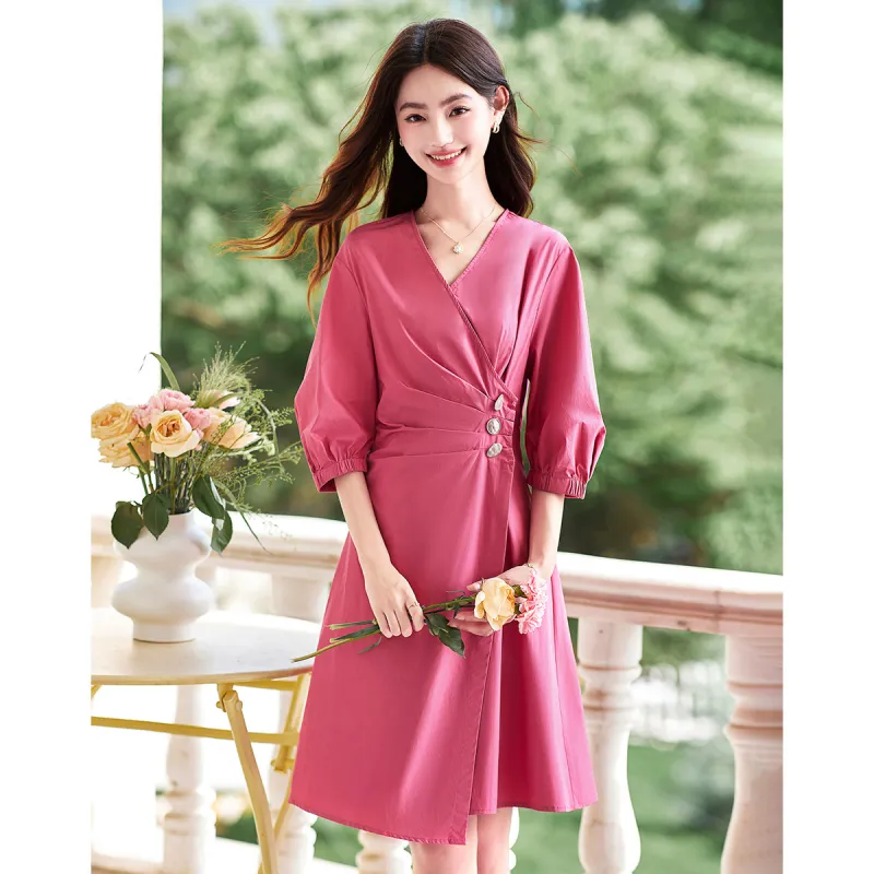 Like The Age Of Water Summer Short Sleeved Dress Women's Rose Red-1