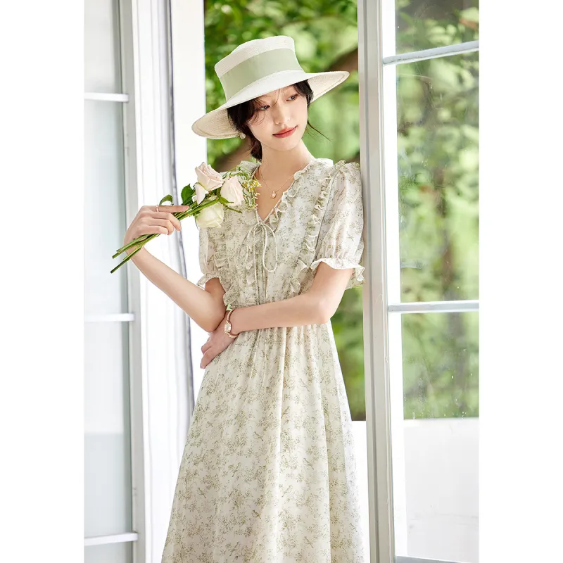 XINFEIYU Short Sleeved Dresses Women's Green Floral-1