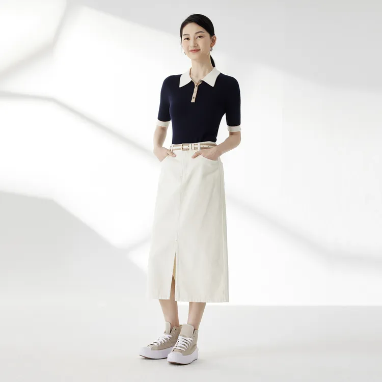 SHUIYUNJIAN Denim Long Skirt Women's Ivory White-4