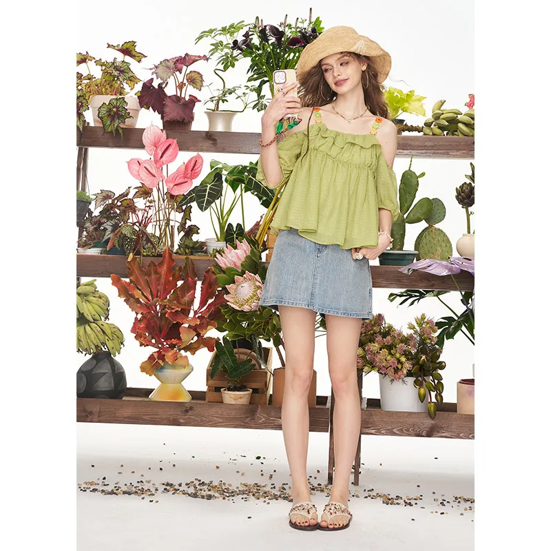 ELF SACK Chiffon Shirts Women's Floral Mustard Green-2