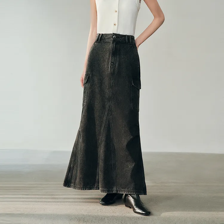 PEACEBIRD Denim Long Skirts Women's Denim Medium Black-2