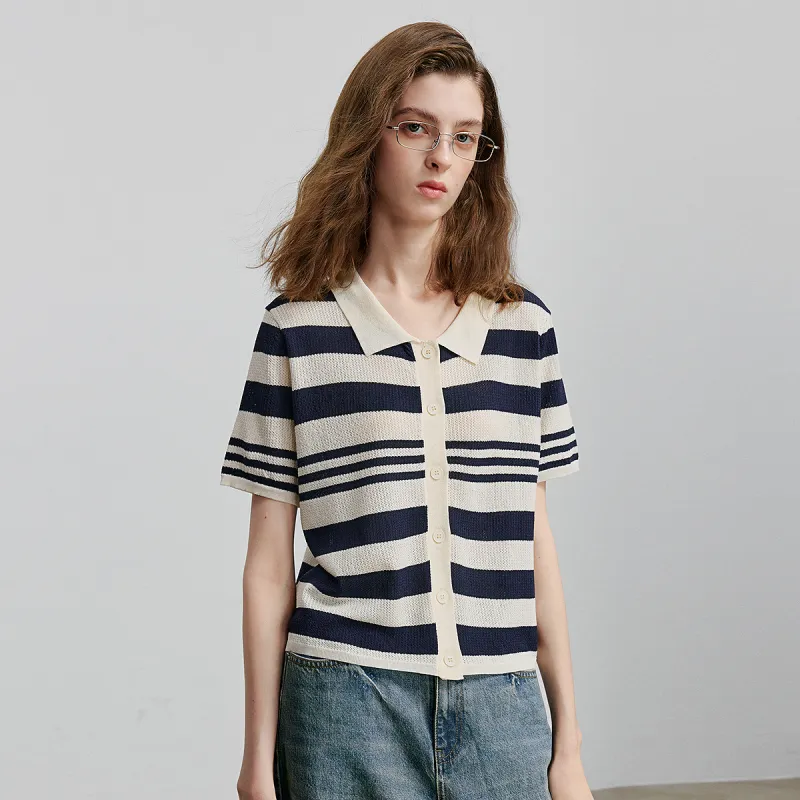 Initial Language Knitwear Women's Navy Blue Ecru Stripes-5