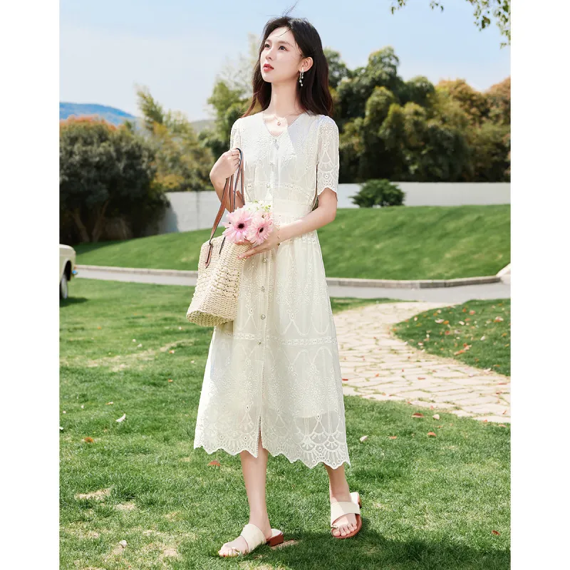 Like The Age Of Water Summer Short Sleeved Dress Women's White-2
