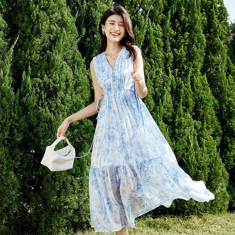 SENTUBILA Sleeveless Dresses Women's Blue Floral-2