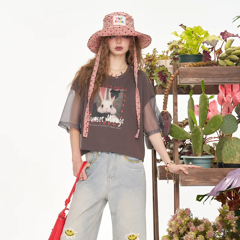 ELF SACK T Shirts Women's Naughty Rabbit Gray-5