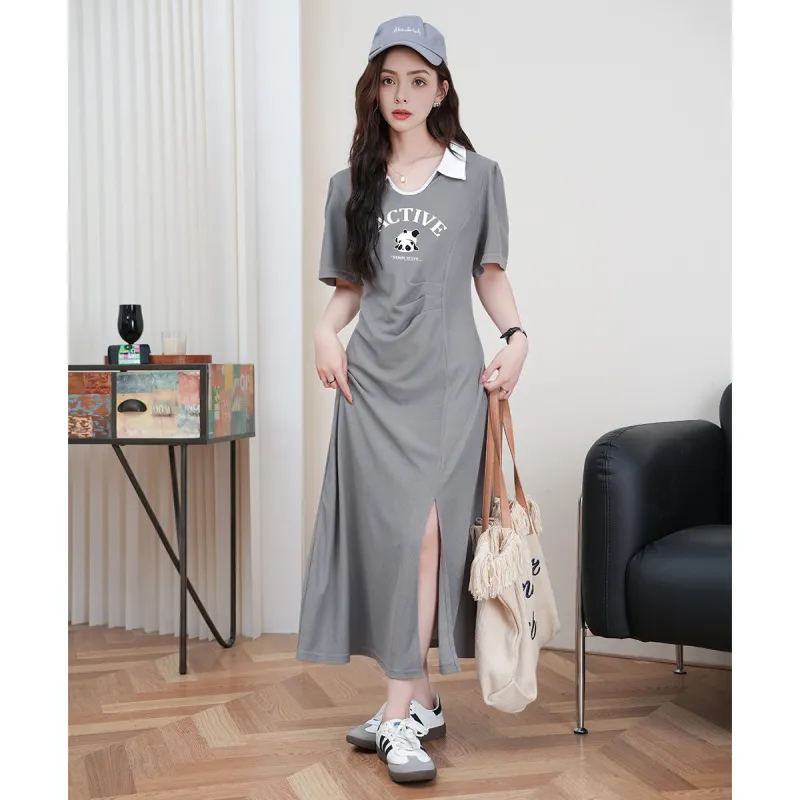 FAWENXIANGZI Short Sleeved Dress Women's Light Gray-2