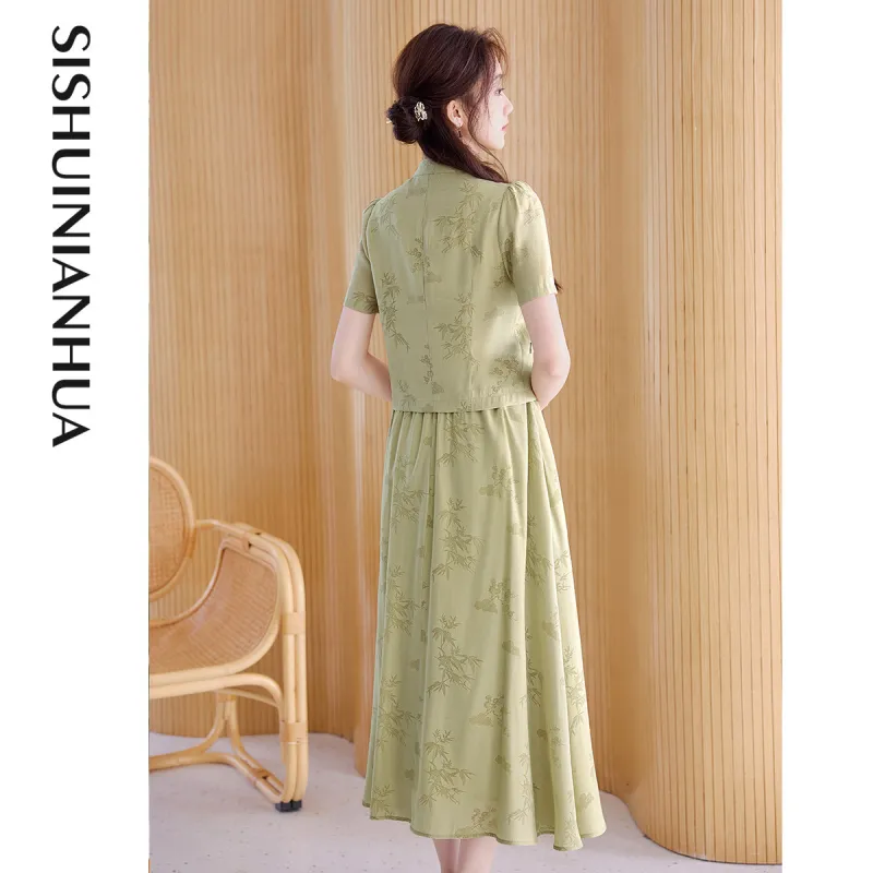 Like The Age Of Water Summer Short Sleeved Dress Regular Women's Green-1