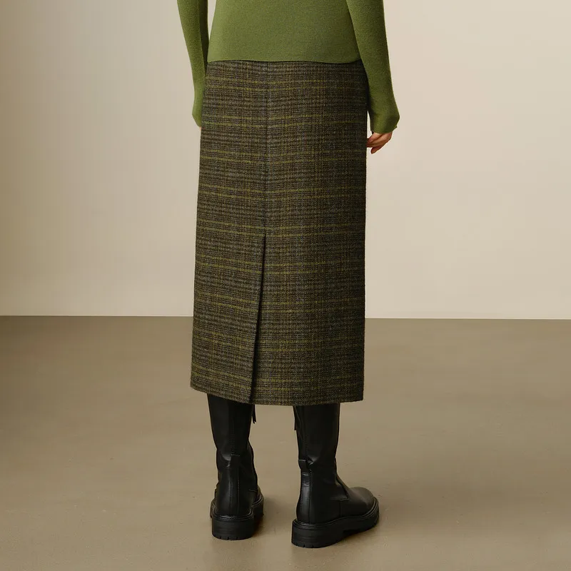 JZ. ANNAKRO Casual Long Skirts Women's Plaid Yellow Green-3