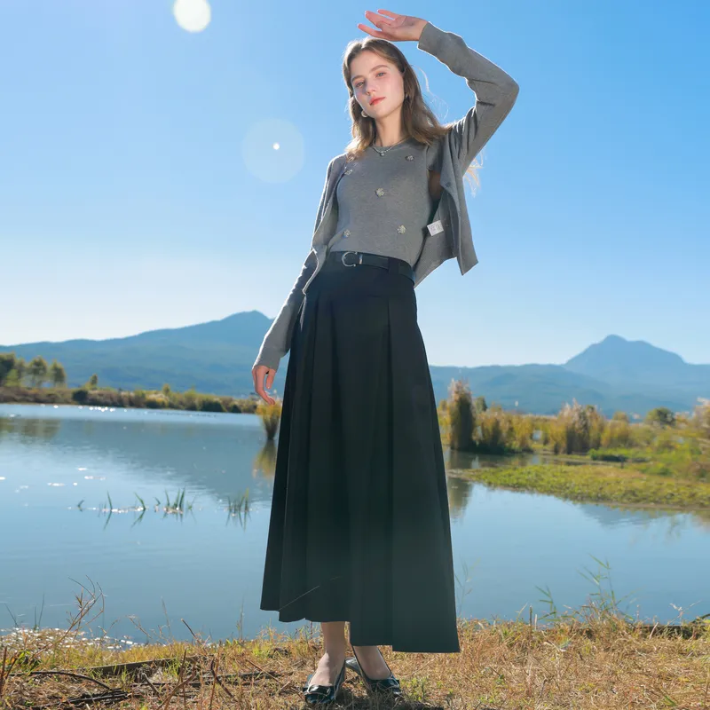 3COLOUR Casual Long Skirt Women's Classic Black-4