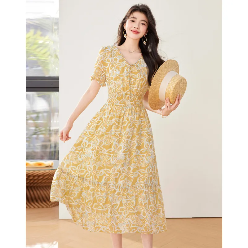 Like The Age Of Water Short Sleeved Dress Women's Yellow-2