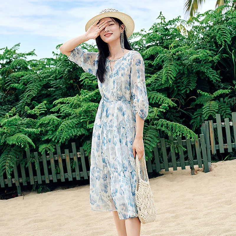 JZ. ANNAKRO Long Sleeved Dress Women's Flower Light Blue-5