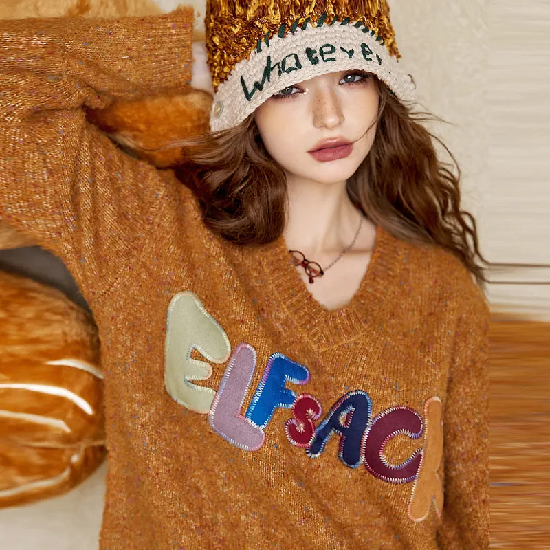 ELF SACK Multicolor Plush Letter Effortless Style Sweater Women's-9