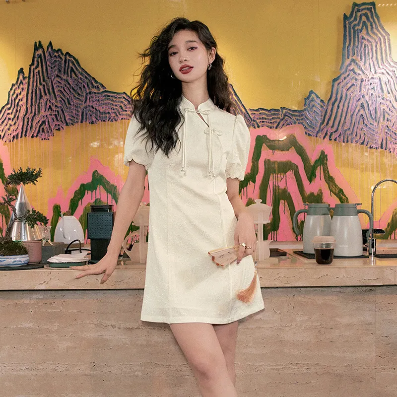 ELF SACK Short Sleeved Dresses Women's Chinese Style White-5