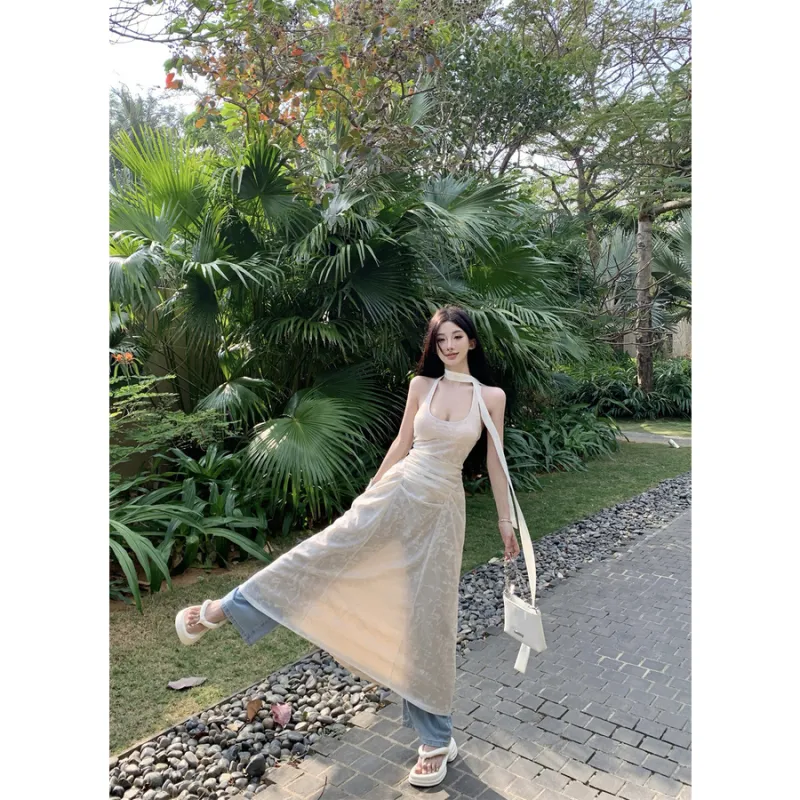 Flowers In Water Resort Style Halter Floral Layered Long Skirt Women's Image Color-2