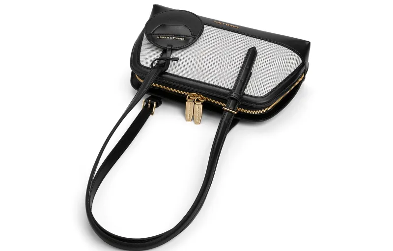CHARLES&KEITH PU, Textile Mixture Shoulder Bag Medium Size Women's Chocolate/Black-7