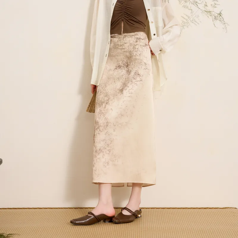 3COLOUR Casual Long Skirt Women's Khaki-3