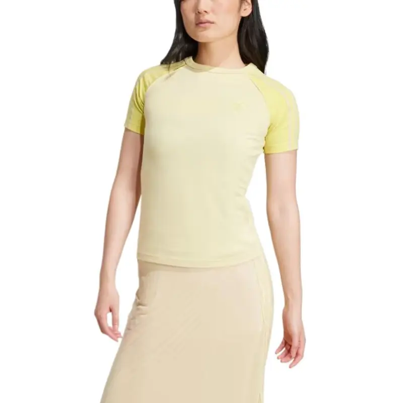 Adidas Originals ADICOLOR 3 SS25 Raglan Sleeve T Shirt Women's Pink Yellow-1