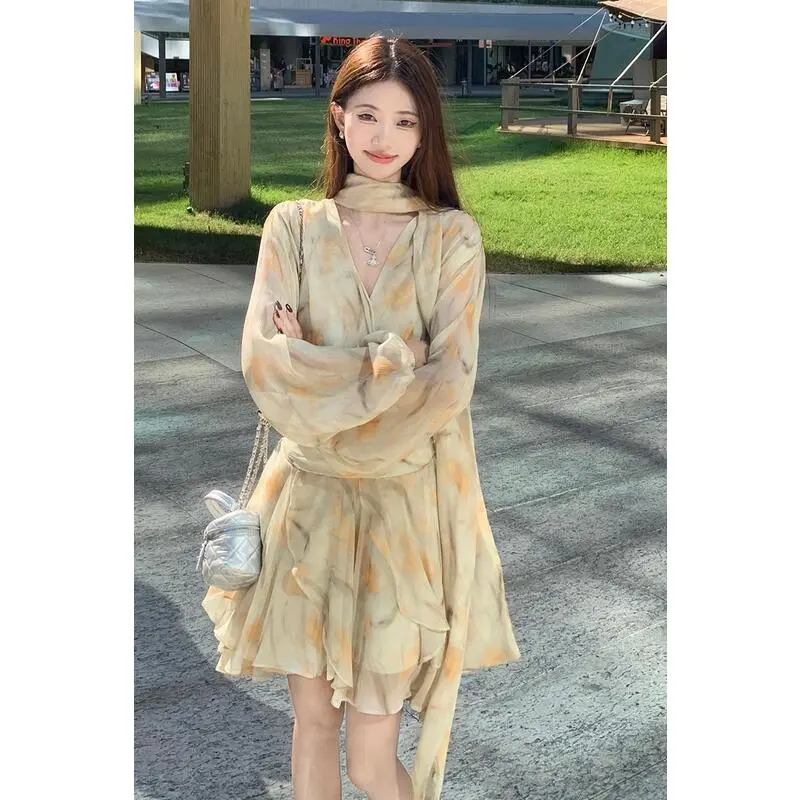 XIANSINIAO Two Piece Skirt Sets Women's Light Yellow Floral, Includes Camisole With Non Detachable Ribbon-5