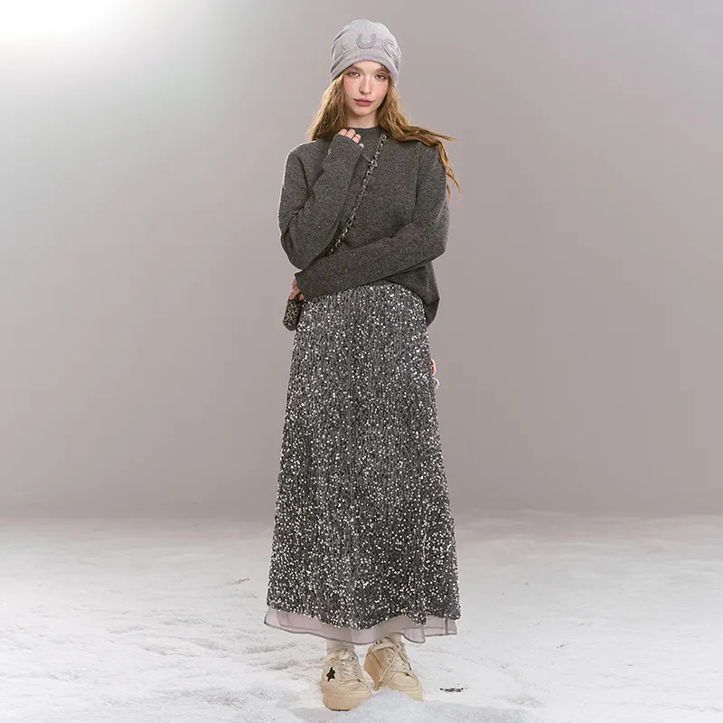 ELF SACK Heavy-Duty Glitter High-Rise Straight Fit Skirt Women's-5