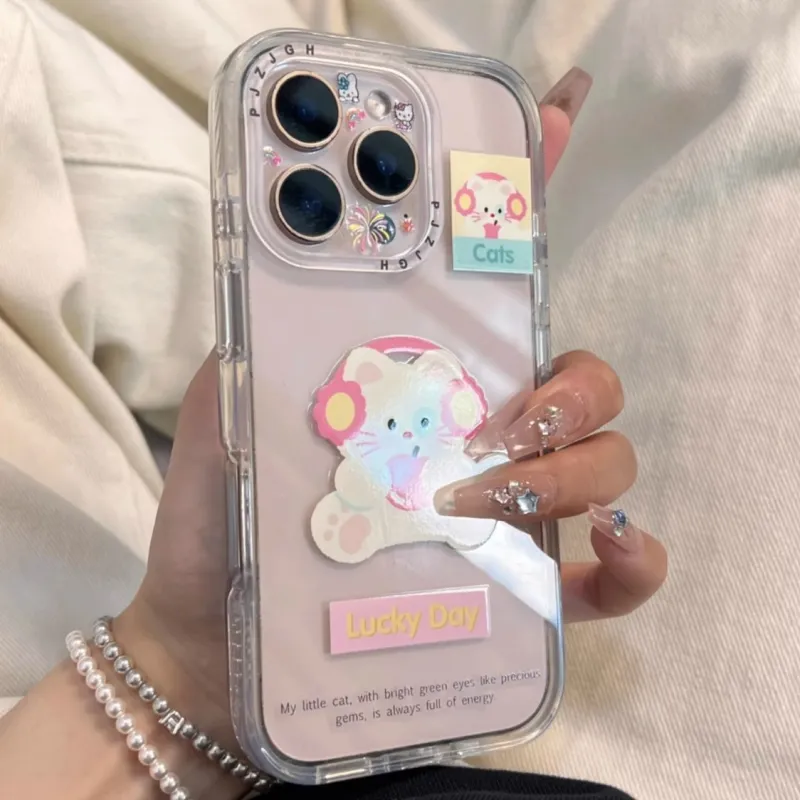 Sopi Acrylic Material Apple Headphone Kitten Phone Cases Compatible With IPhone 16/15 Pro Max/Apple 13/14 Pro/Max-5