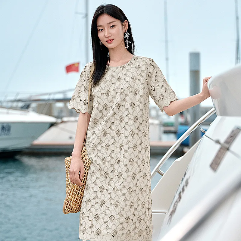 JZ. ANNAKRO Short Sleeved Dress Women's Floral Light Beige-5