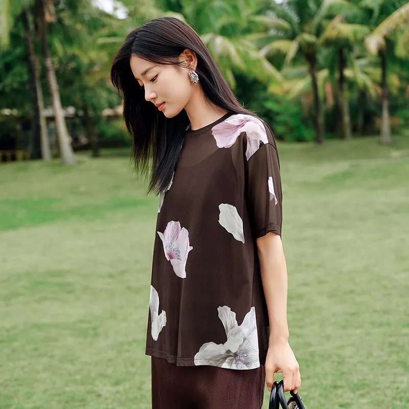 JZ. ANNAKRO Chiffon Shirt Women's Floral Coffee-5