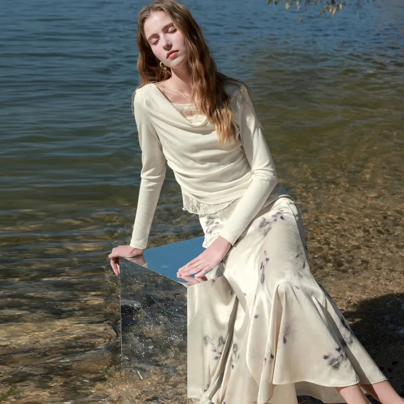 3COLOUR Casual Long Skirt Women's Champagne-3