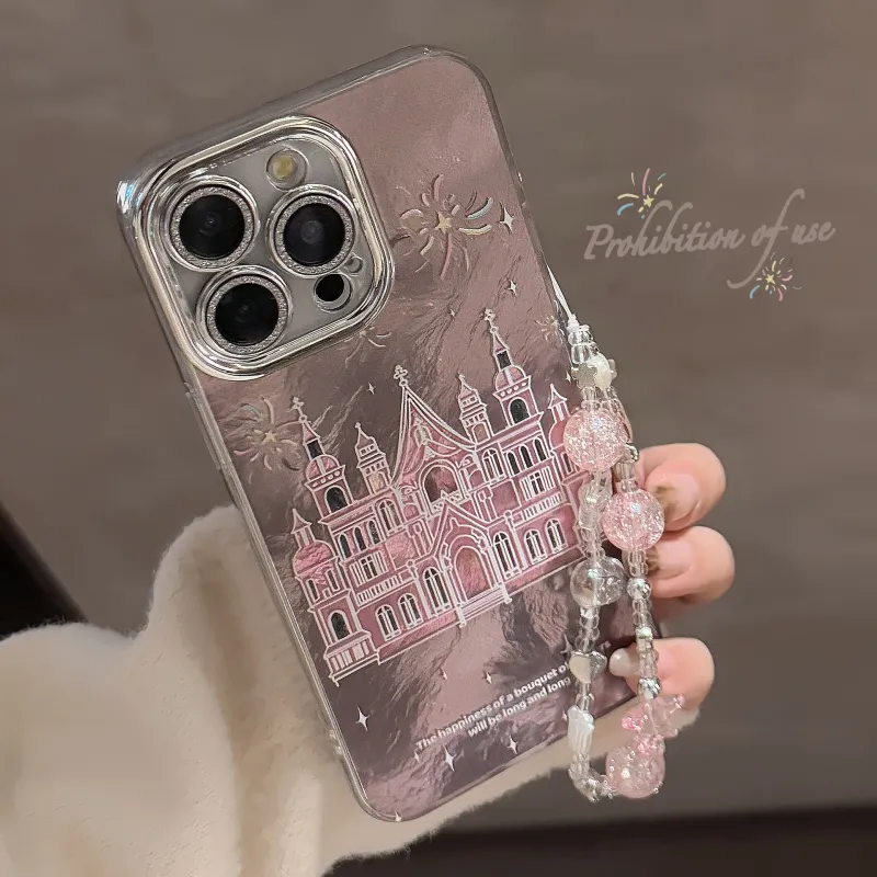 QIZHENG ABS+PC Material Girlish Smoke Castle With Chain Phone Case Compatible With Apple 16 Pro Max/15/14/13/12/11-3