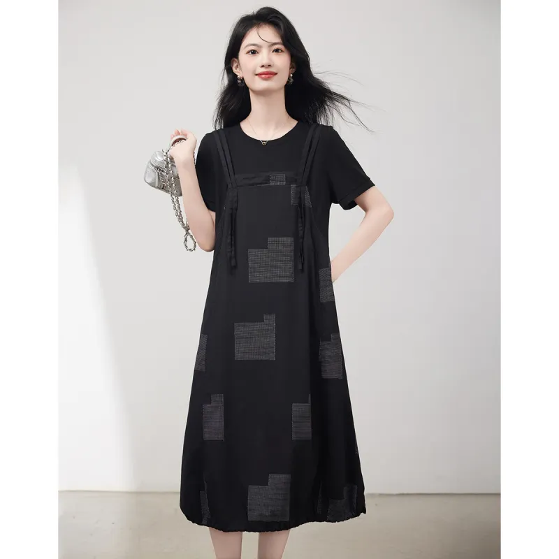 Like The Age Of Water Summer Short Sleeved Dresses Loose Fit Women's Black-2