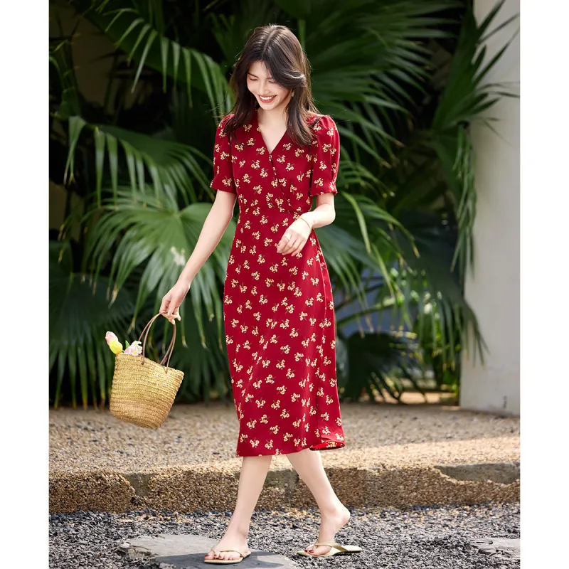Still Quiet Short Sleeved Dress Women's Red Flower-3