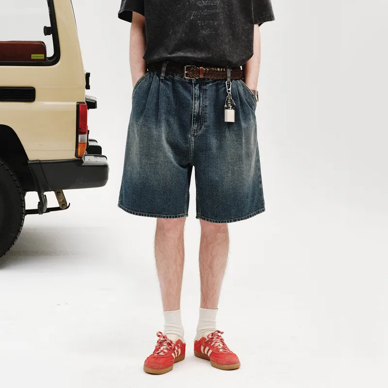 714STREET Textured Bamboo Denim Pleated Shorts Men's Denim Blue-2