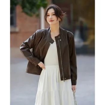 TERRE BLEUE Spring Fall Leather Jacket Loose Fit Women's