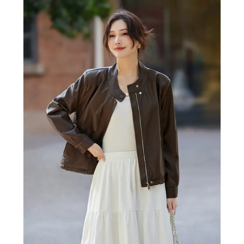 TERRE BLEUE Spring Fall Leather Jacket Loose Fit Women's-0