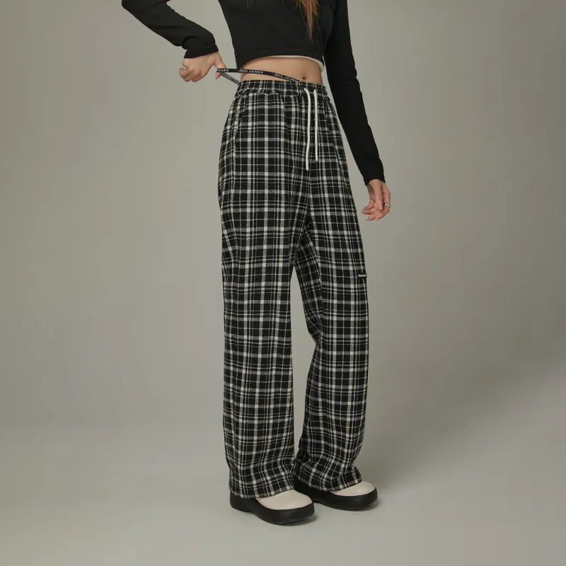 CHUU Casual Pants Women's Black White Plaid-2
