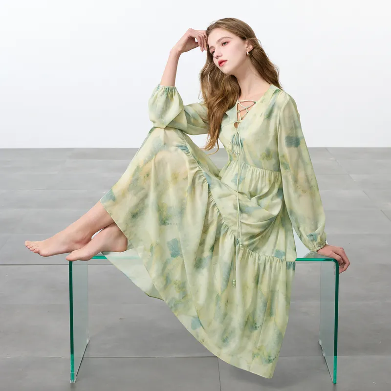 3COLOUR Long Sleeved Dress Women's Green Beige Floral-2